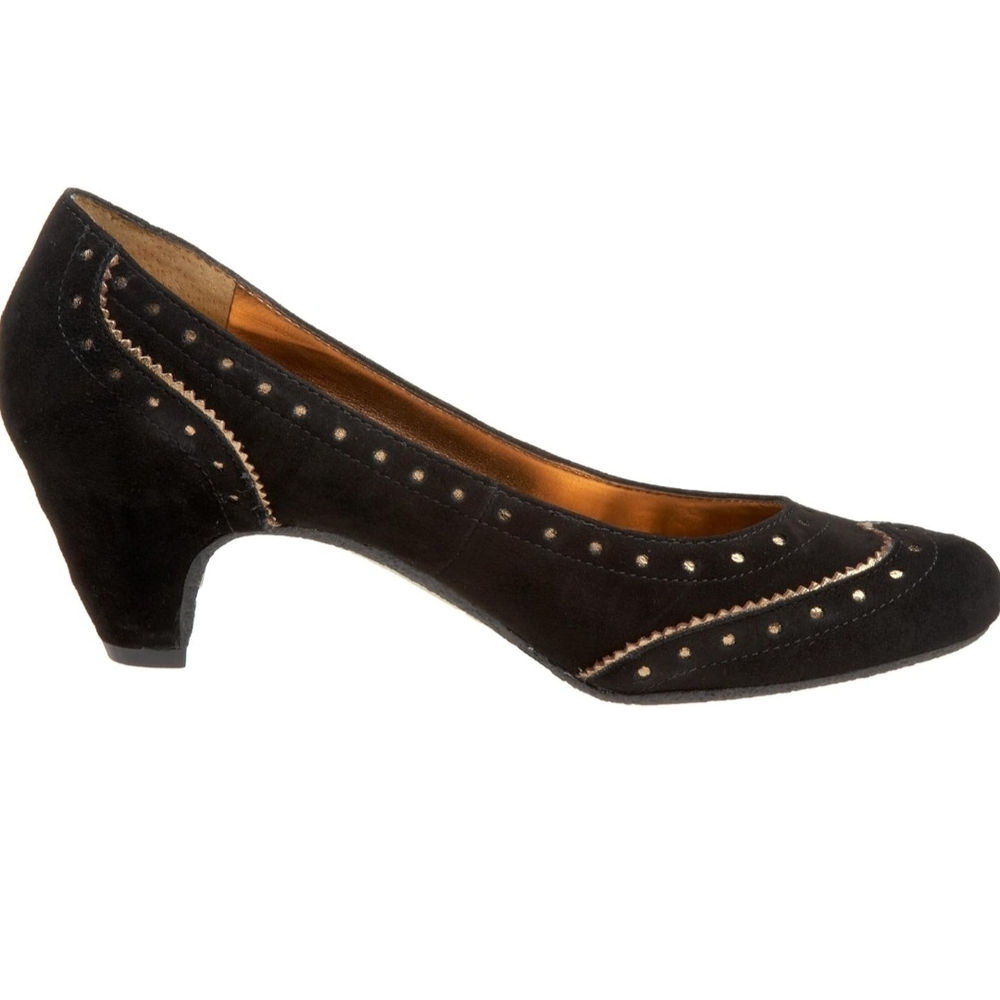 Sam Edelman Yvonne Brown Leather Kitten Heel suede upper with gold-trimmed - Picture 2 of 6